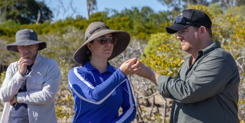 The MangroveWatch team help participants identify mangrove species by looking at their leaves. Credit: Ben and Di