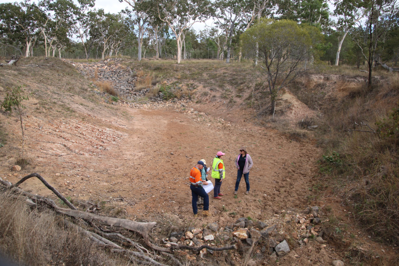 Remediation of a gully network with reshaping, installation of a rock chute, bund wall and check dams to slow water on Woodleigh Station. Credit: GBRF