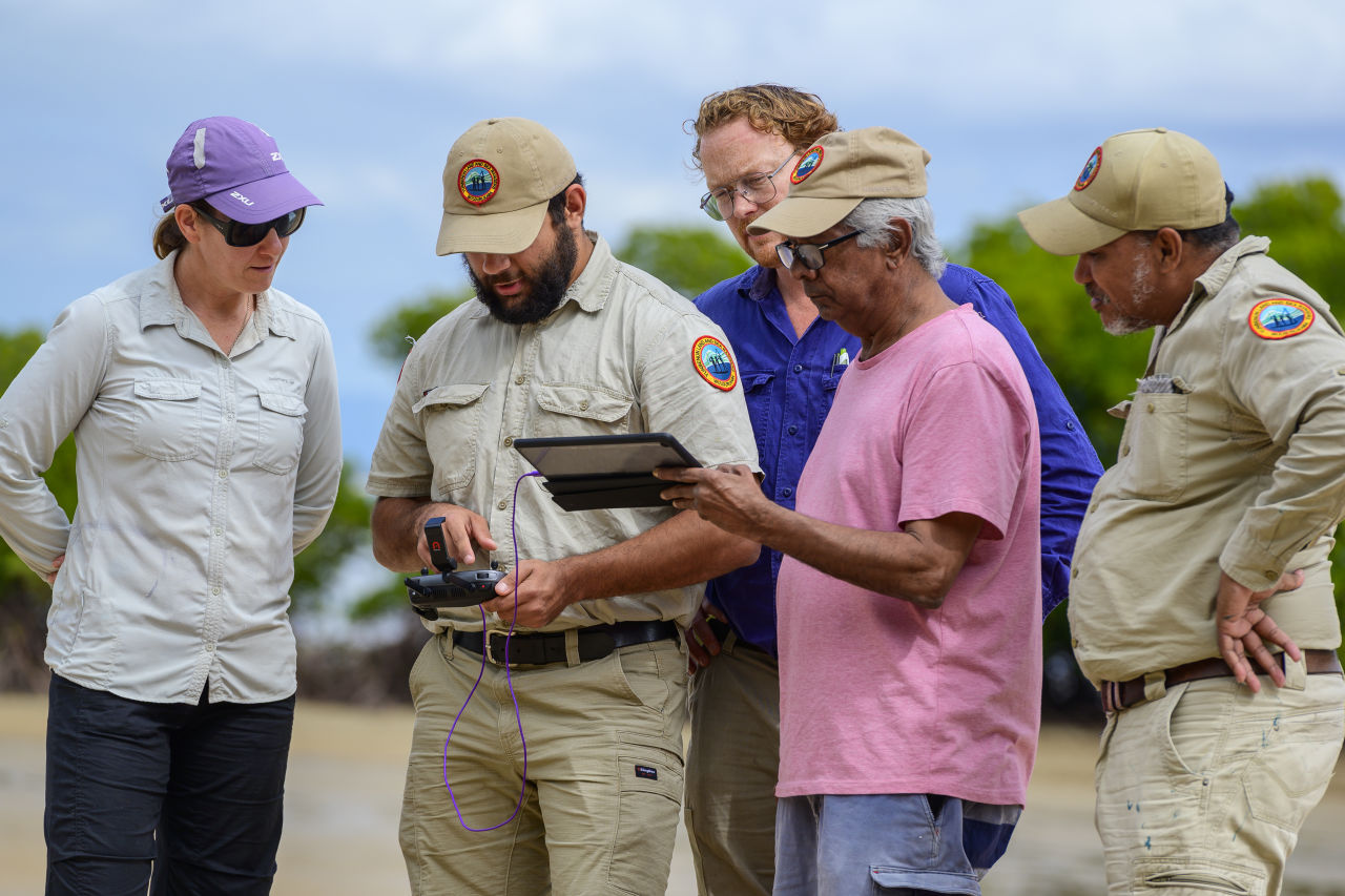 Yunbenun (Magnetic Island) Traditional Owners using drones to monitor mangrove health. Credit: Kobie Rhodes, Magnetic Island Photos