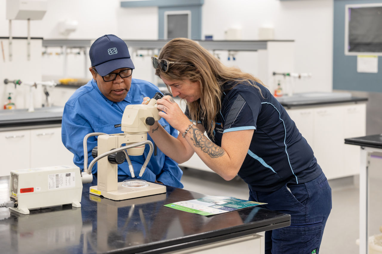 Markeeta showing a researcher a seagrass seed under the microscope.