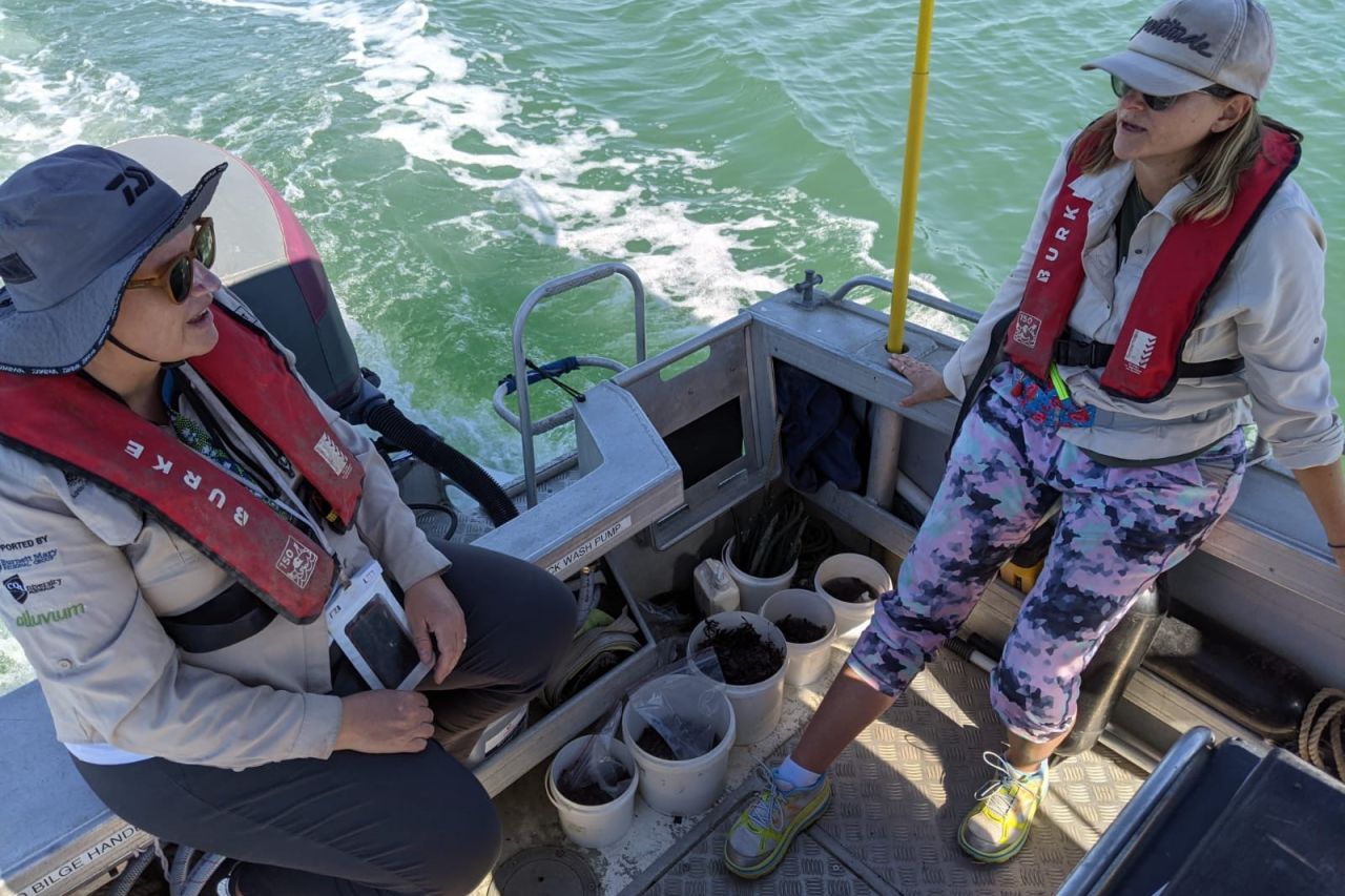 Jo Kelly and Emma on the boat working on the seaweed biofilters project