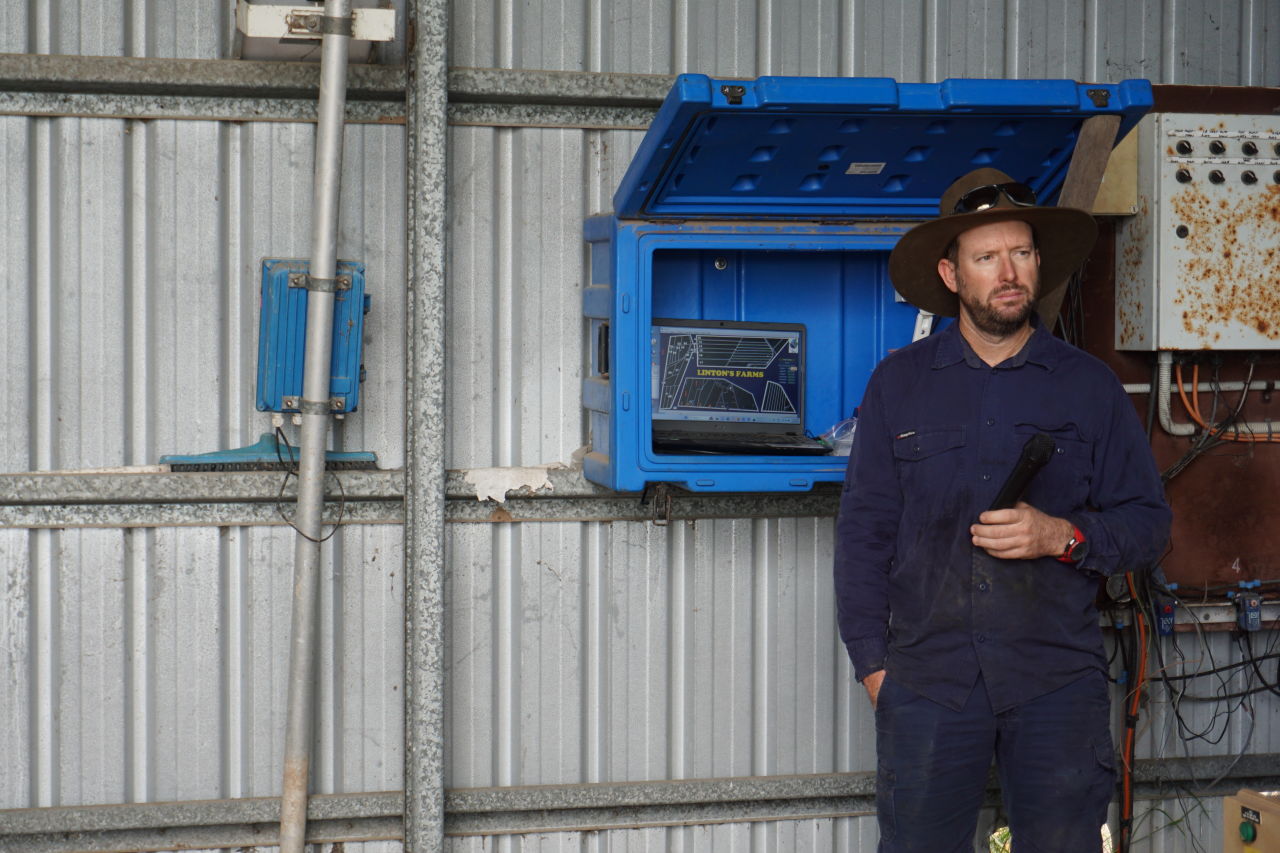 Aaron Linton showcases the computer system he uses to automate the irrigation on his farm.