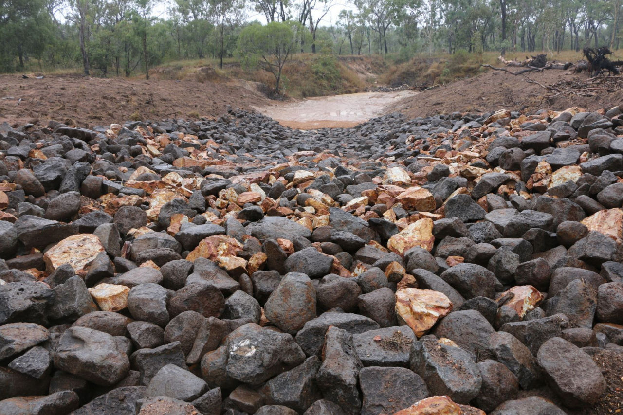 The 40m rock chute on Woodleigh Station is slowing water and channeling it into a nearby creek. Credit: Terrain NRM