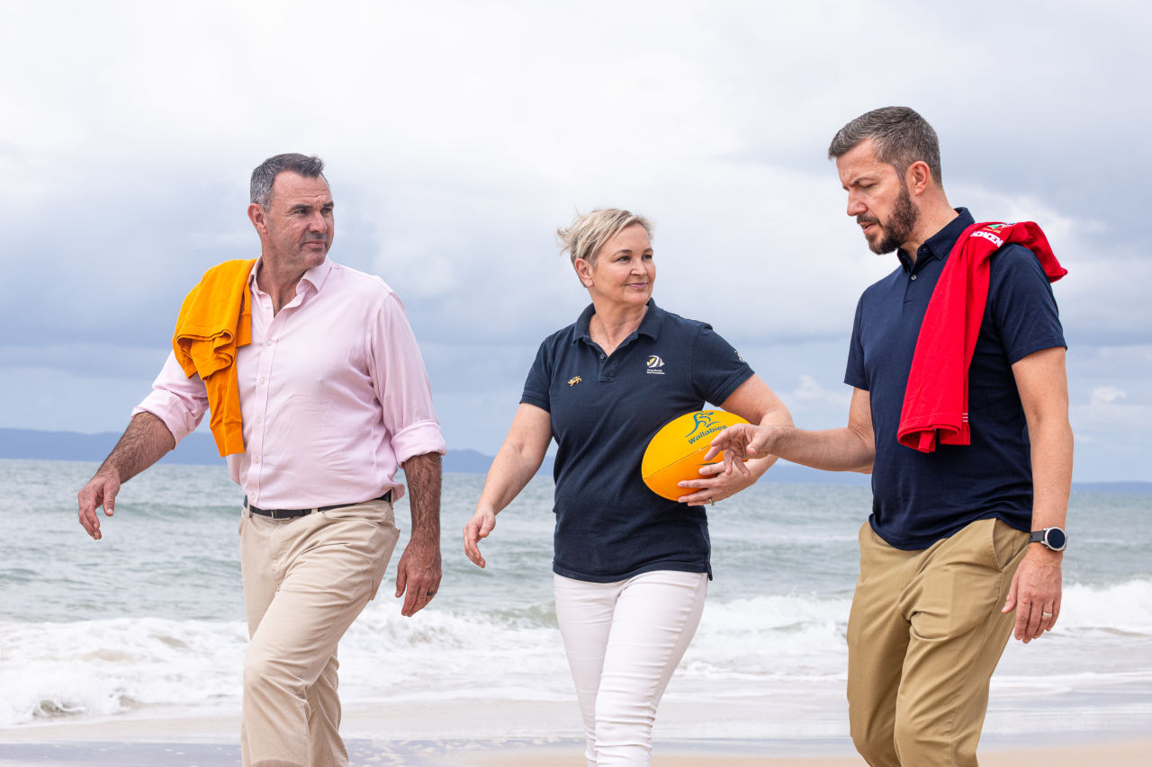 Uniting for the Reef: Joe Roff (Rugby Australia) Anna Marsden (Great Barrier Reef Foundation) and Ben Caveley (British & Irish Lions).