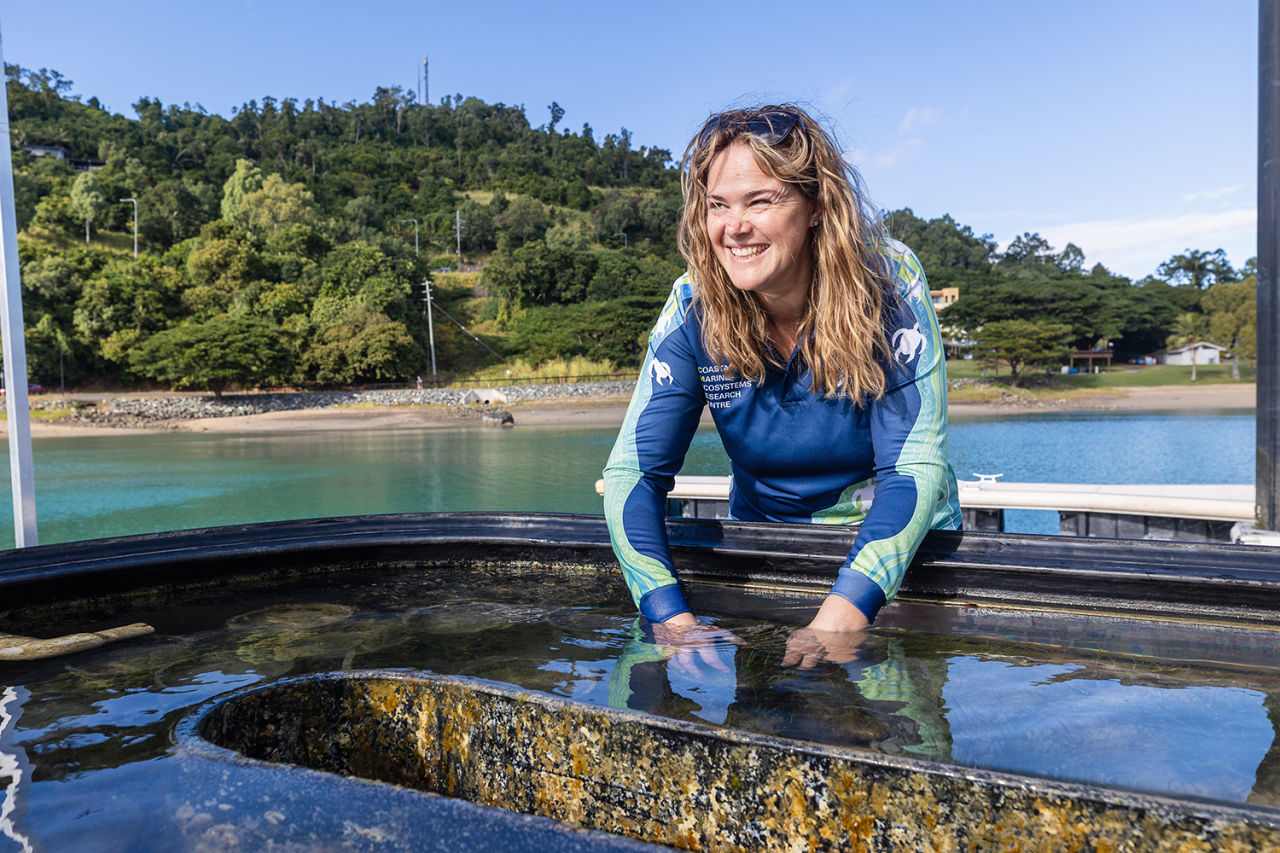 Central Queensland University research assistant, Nicole Rosser, tends to the seagrass nursery.