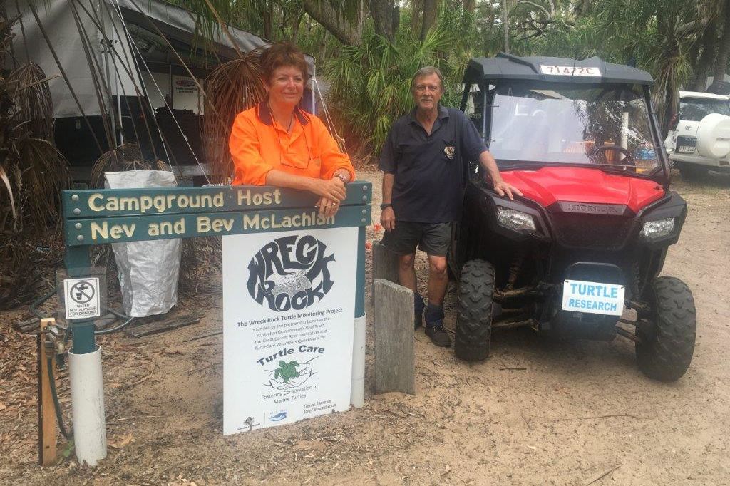 Nev and Bev McLachlan pictured here at the Wreck Rock Turtle Monitoring Project base camp. Credit: Nev and Bev McLachlan.