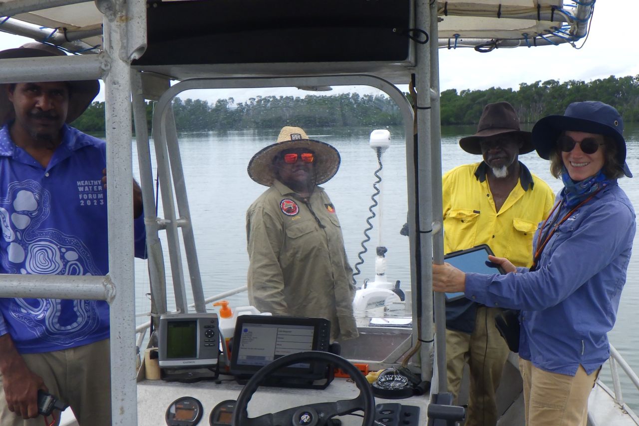 Christina with Juunjuwarra rangers (Tiara, Venon and Neil) on a recent seagrass monitoring trip. Credit: Nicko