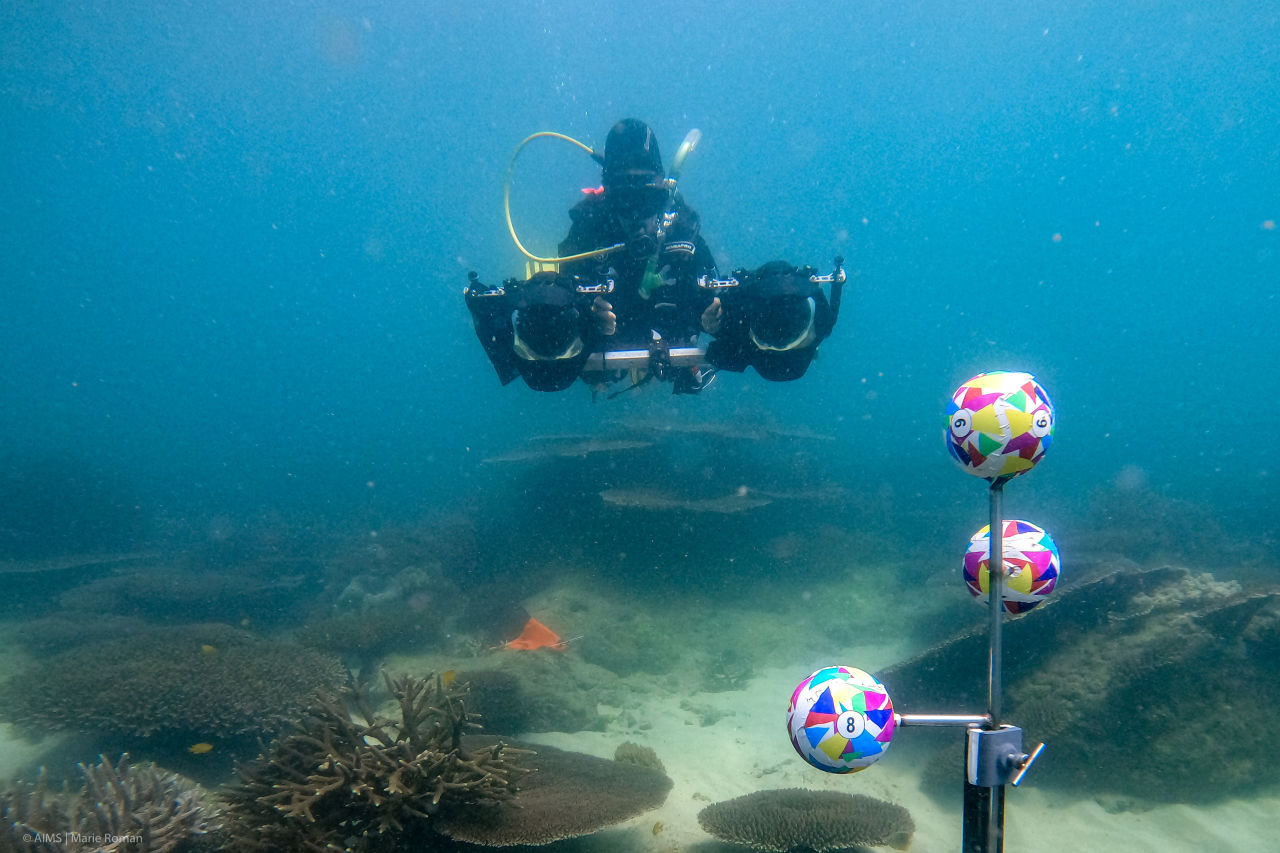 Divers use rigs with multiple cameras to take photos of Reef landscapes. Credit: Marie Roman, AIMS