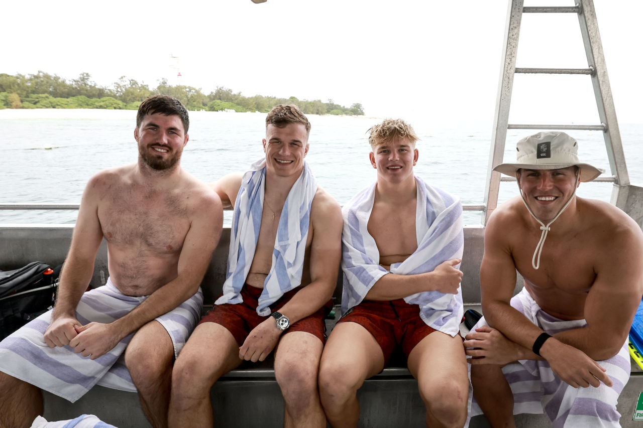 Wallabies player Liam Wright joined Lions players Josh van der Flier, Duhan van der Merwe and Henry Pollock on the Reef. Credit: Dan Sheridan | British Irish Lions.
