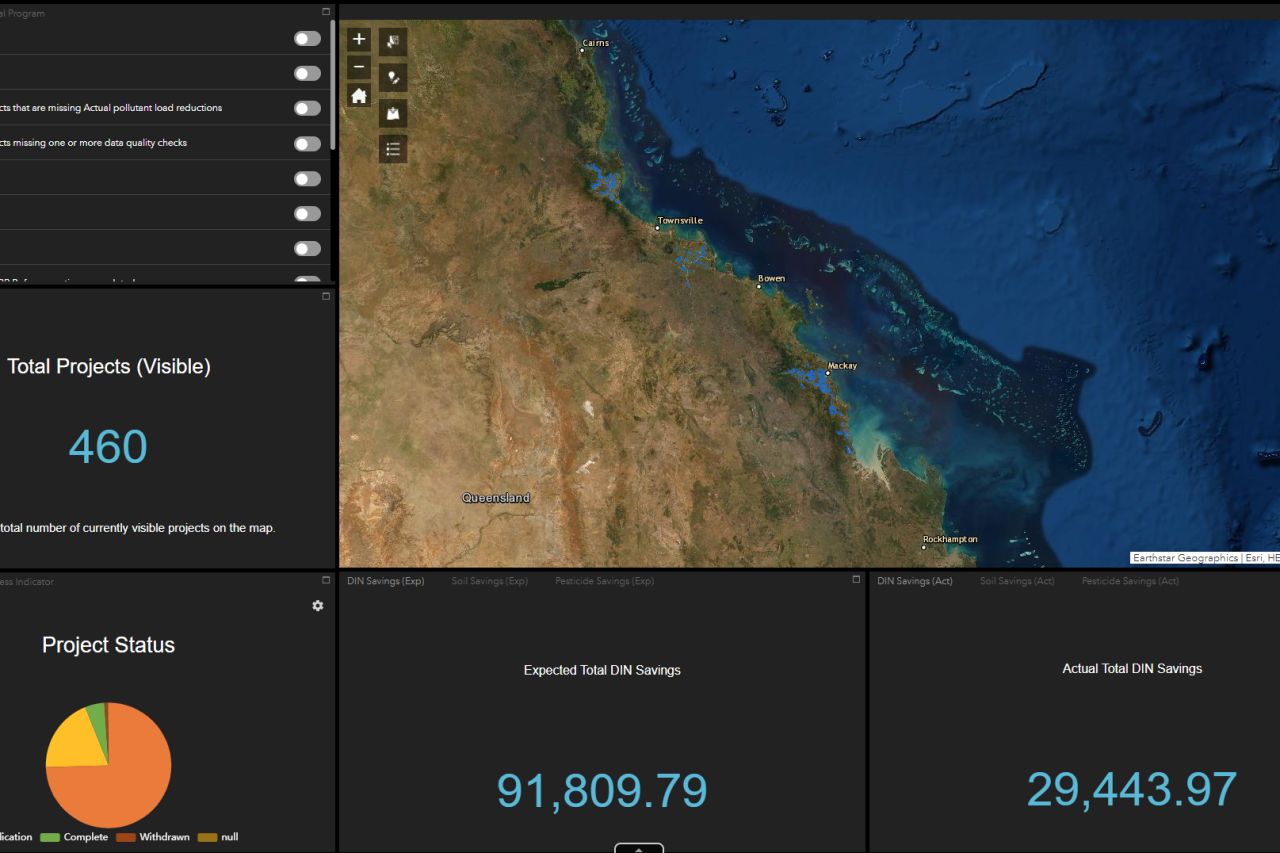 The system allows users to visualise progress towards water quality targets in real time. Top Image: GBRF program manager Milena Gongora (centre) with GP One technical consultants Peter Reyne (left) and Jesse Bridge (right).