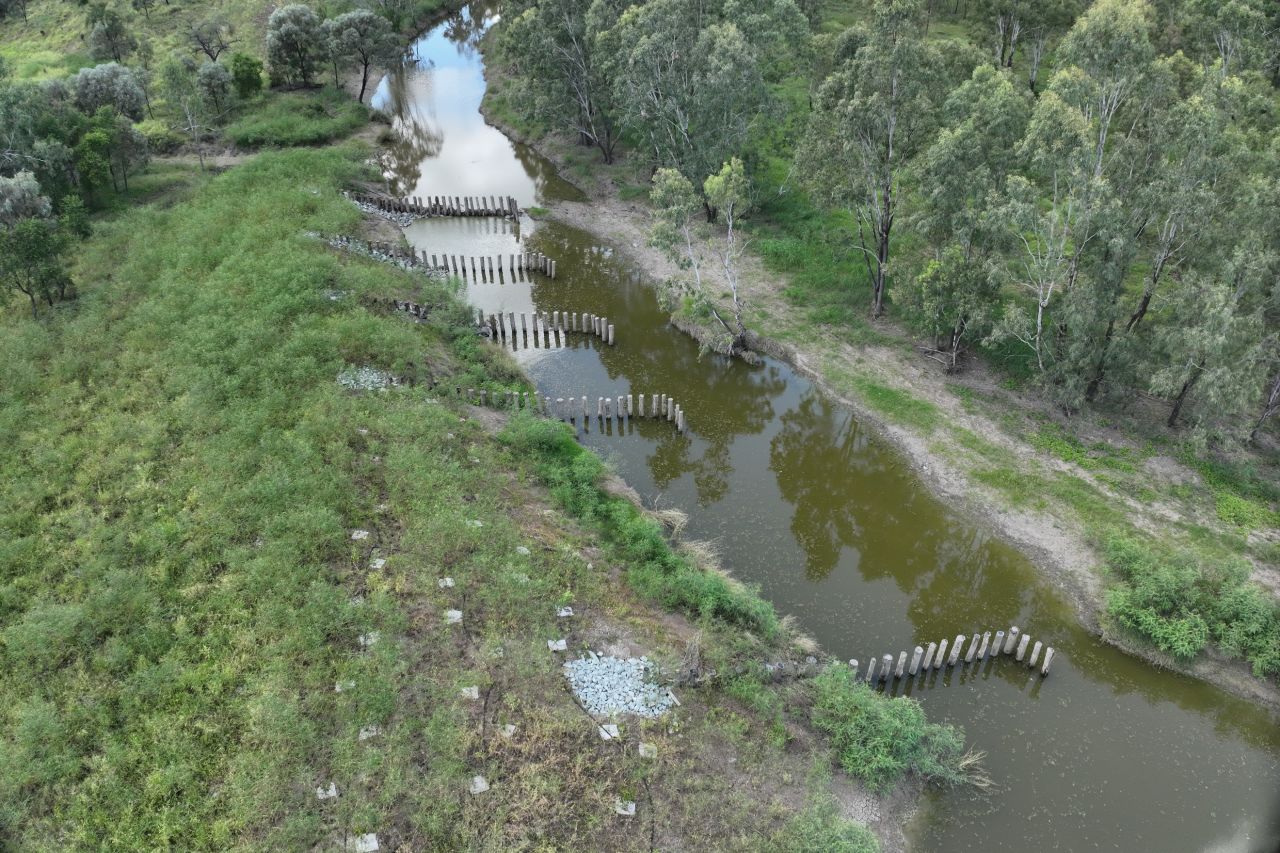 1,800 metres of severely eroded streambanks restored at Station Creek on Havilah Station near Collinsville. Image Neilly group Engineering