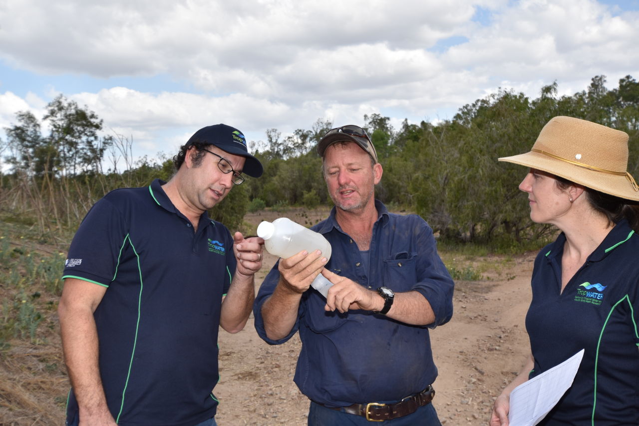TropWATER scientist Steve Lewis (left) Kirknie Station grazier Glen Rea, and TropWATER scientist Zoe Bainbridge. NQ Dry Tropics