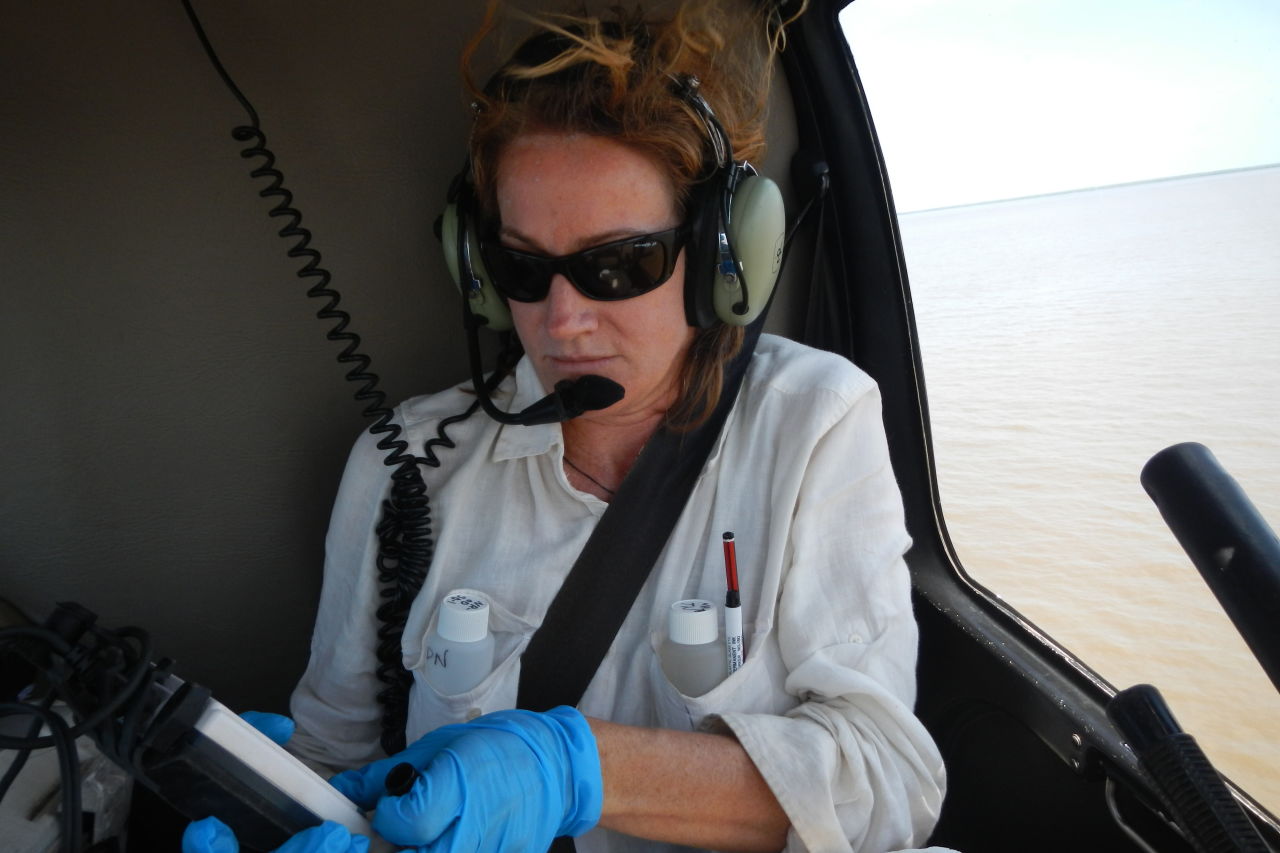 Sampling Princess Charlotte Bay flood plumes by chopper back in 2013. Credit: Christina Howley