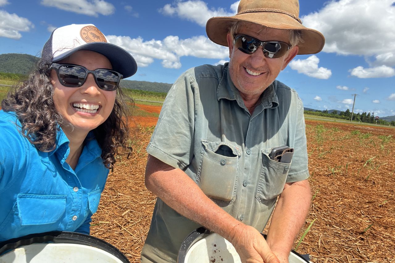 Extension Officer Maria Solis and grower Joe Zappala soil sampling. Image CCRSF