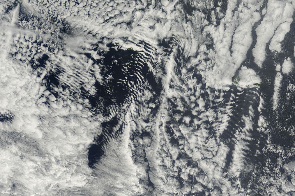 Marine clouds often form over our oceans and reefs with the help of sea salt crystals and other particles that attract moisture. Credit: NASA