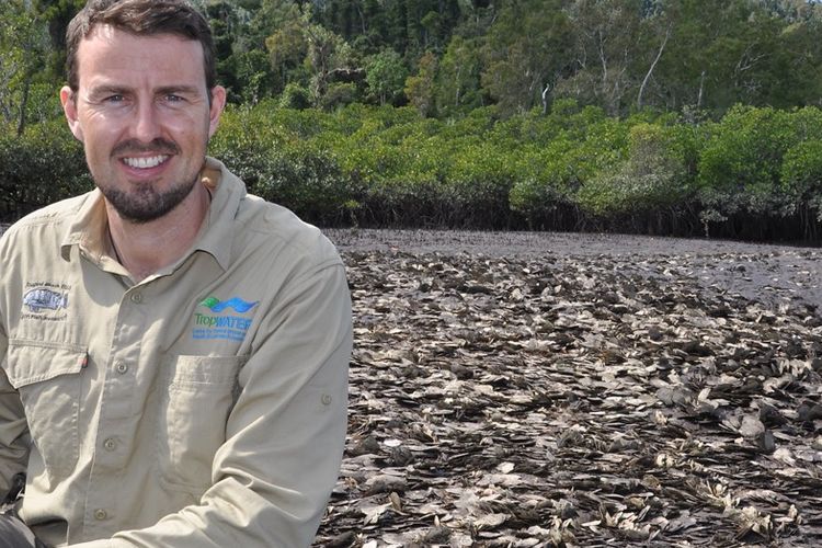 Ian has a long working history in ecosystem restoration, here on a natural leaf oyster reef in Hinchinbrook Channel, Queensland. Credit Ross Johnson, TropWATER James Cook University