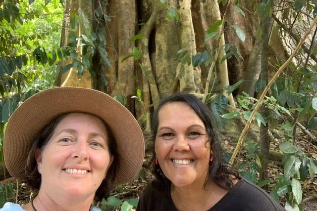 Lyndal Scobell and Ramona on Binthi Country, near the McIvor River. Lyndal is the Healthy Country Planning Consultant who helped with the Binthi Warra's Healthy Country Plan.