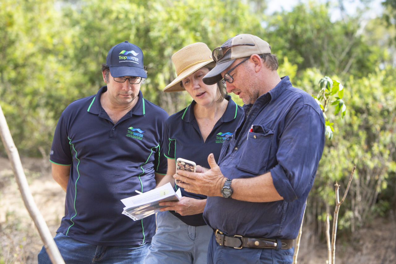 Kirknie Station grazier Glen Rea, with TropWATER scientists Steve Lewis (left) and Zoe Bainbridge, at the Bogie River water monitoring site where he collects samples. NQ Dry Tropics