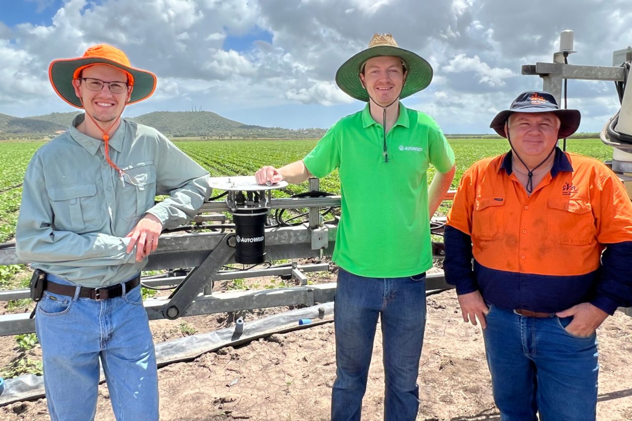 Jake Wood, Alex Olsen and Terry Granshaw with a prototype robot. Supplied: Alex Olsen