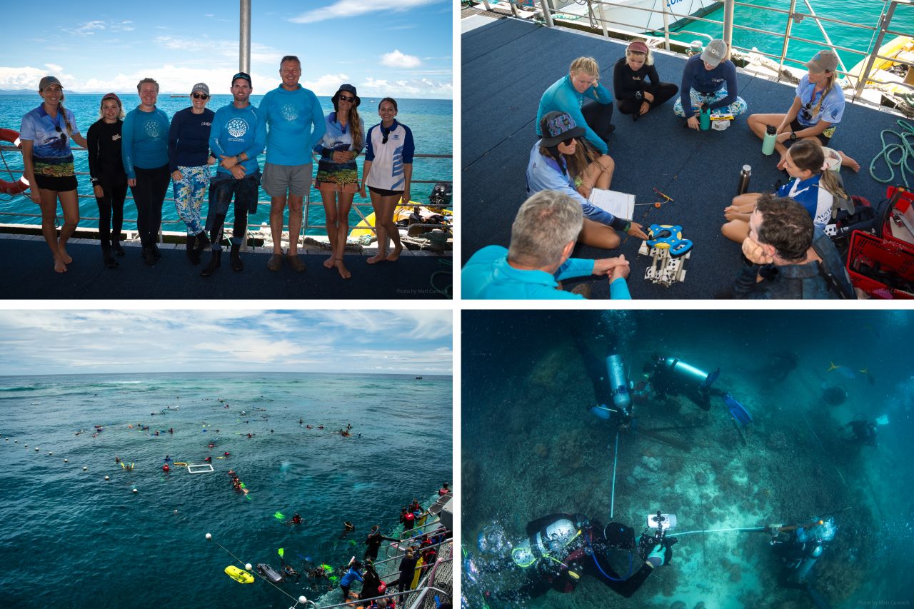 Top left: Team from AIMS, Reef Restoration Foundation and James Cook University. Top right: Team briefing. Bottom left: aerial view of divers. Bottom right: divers installing devices.