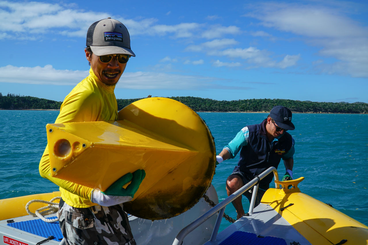 Tourism operators in the field collecting data from the water quality logger. Credit: Reef Catchments.