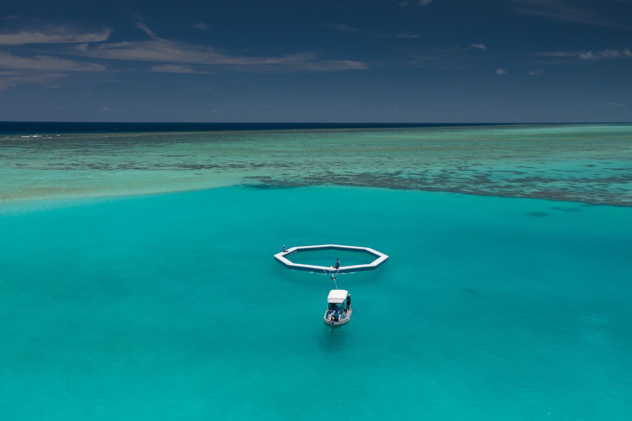 Floating coral larval nursery pool set up at One Tree Island lagoon. Credit Southern Cross University