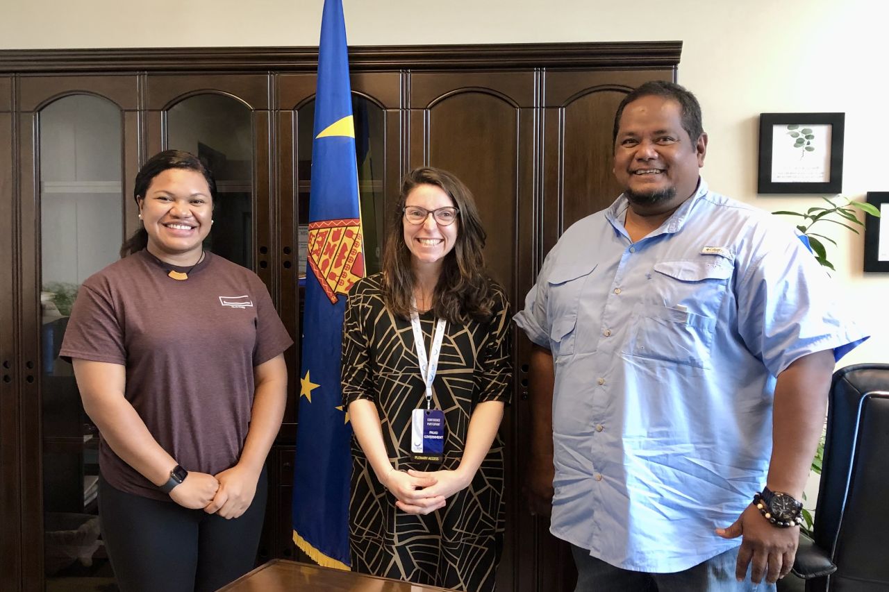 Chief Resilience Officer Andrea Uchel, Resilient Reefs Initiative Director Amy Armstrong and Governor Eyos Rudimch in Palau. 