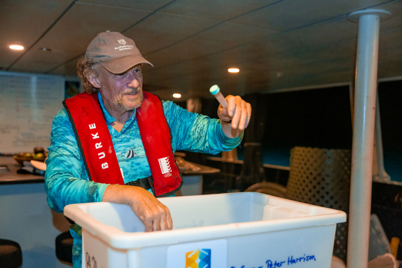 Peter Harrison inspecting coral spawn. Credit: SCU