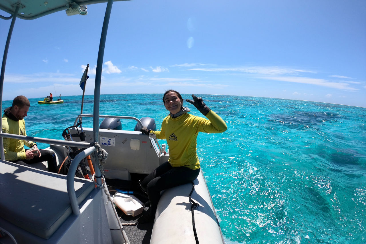 Onboard RV Coda undertaking manta tow activities at Fitzroy Reef. Credit: Flying Fish V crew/Georgia Dayman