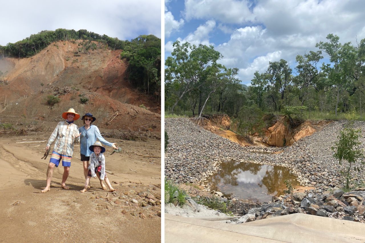 Left: Christina with partner Jeff and son Theo on recent family trip to Cedar Bay landslides. Credit: Janie White. Right: An example of gully remediation near Cooktown. Credit: G. Oliver