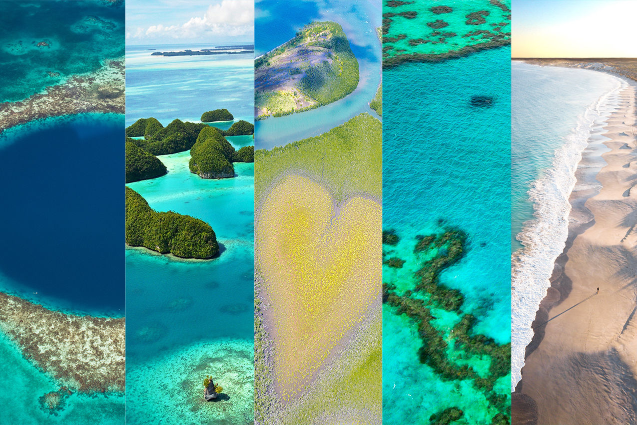 The Resilient Reefs Initiative's partner sites (from left to right: Belize, Palau, New Caledonia, the Great Barrier Reef, Ningaloo)