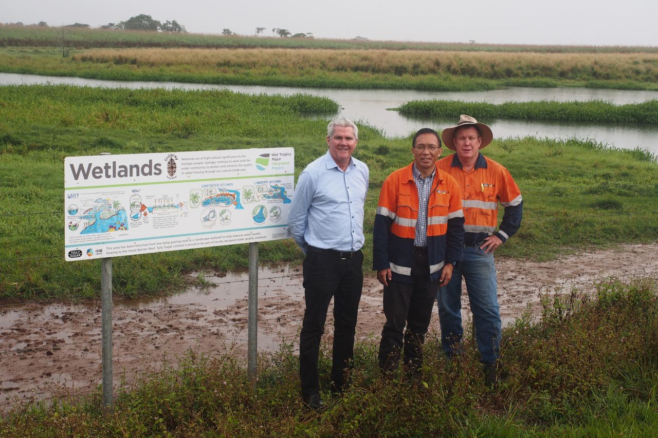 Tully Sugar’s COO John Edwards, CEO Andrew Yu and Productivity and Development Manager Greg Shannon showcasing the Tully wetland. Image Terrain NRM