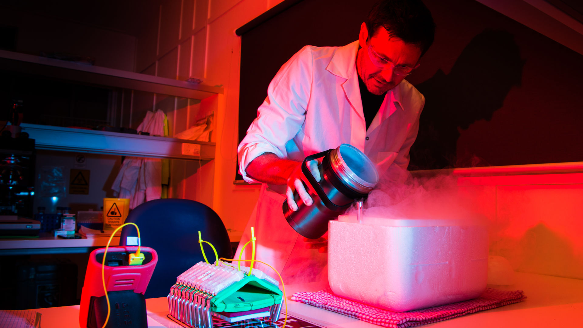 RRAP scientist freezing coral egg and sperm bundles through cryopreservation.