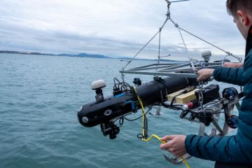 A robot for seagrass seed dispersal hangs by a crane over the ocean surface.